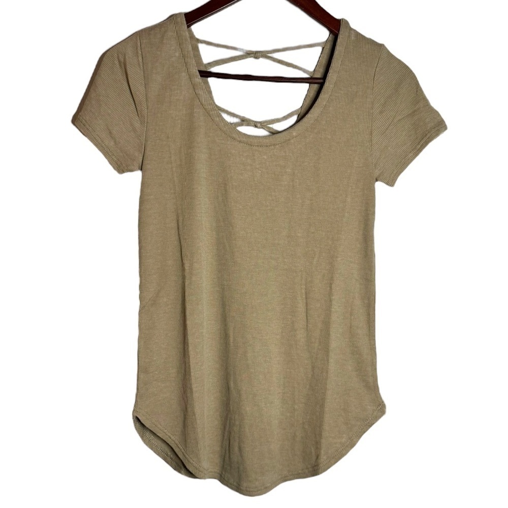 Chaser Ribbed Scoop Neck Open Back with Knotted Criss Cross Straps Tan T-shirt M